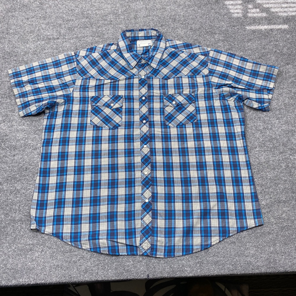 Wrangler Shirt Mens 2XL Blue Plaid Wrancher Short Sleeve Pearl Snap Western